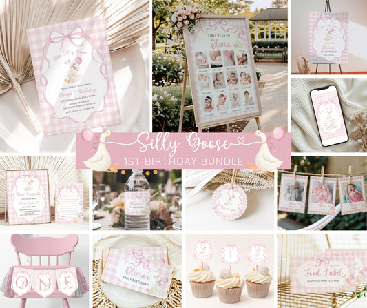 One Silly Goose Birthday Bundle, Pink Bow Goose 1st Birthday Invitation Template, Coquette Gingham Girl First Birthday Decor, Editable Canva