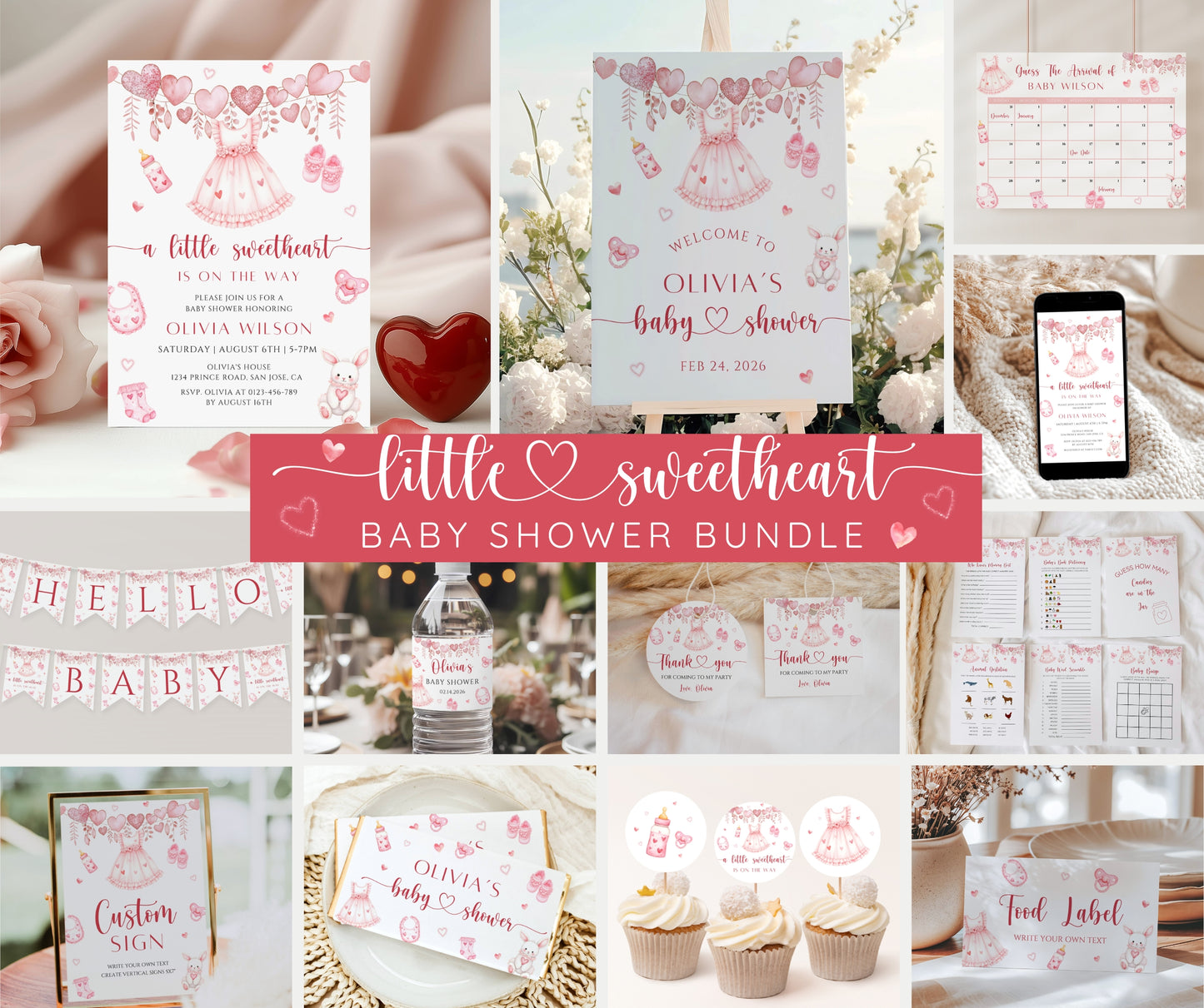 Little Sweetheart Baby Shower Bundle, Valentine Girl Baby Shower Invitation & Games, Heart Baby Sprinkle Decor, Editable Template, Download