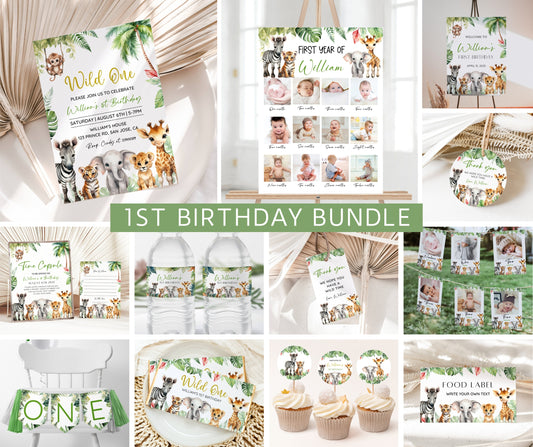 Wild One 1st Birthday Bundle, Safari Wild One Birthday Bundle, Wild One Invitation Bundle, Instant Download, Birthday Boy Milestone Welcome