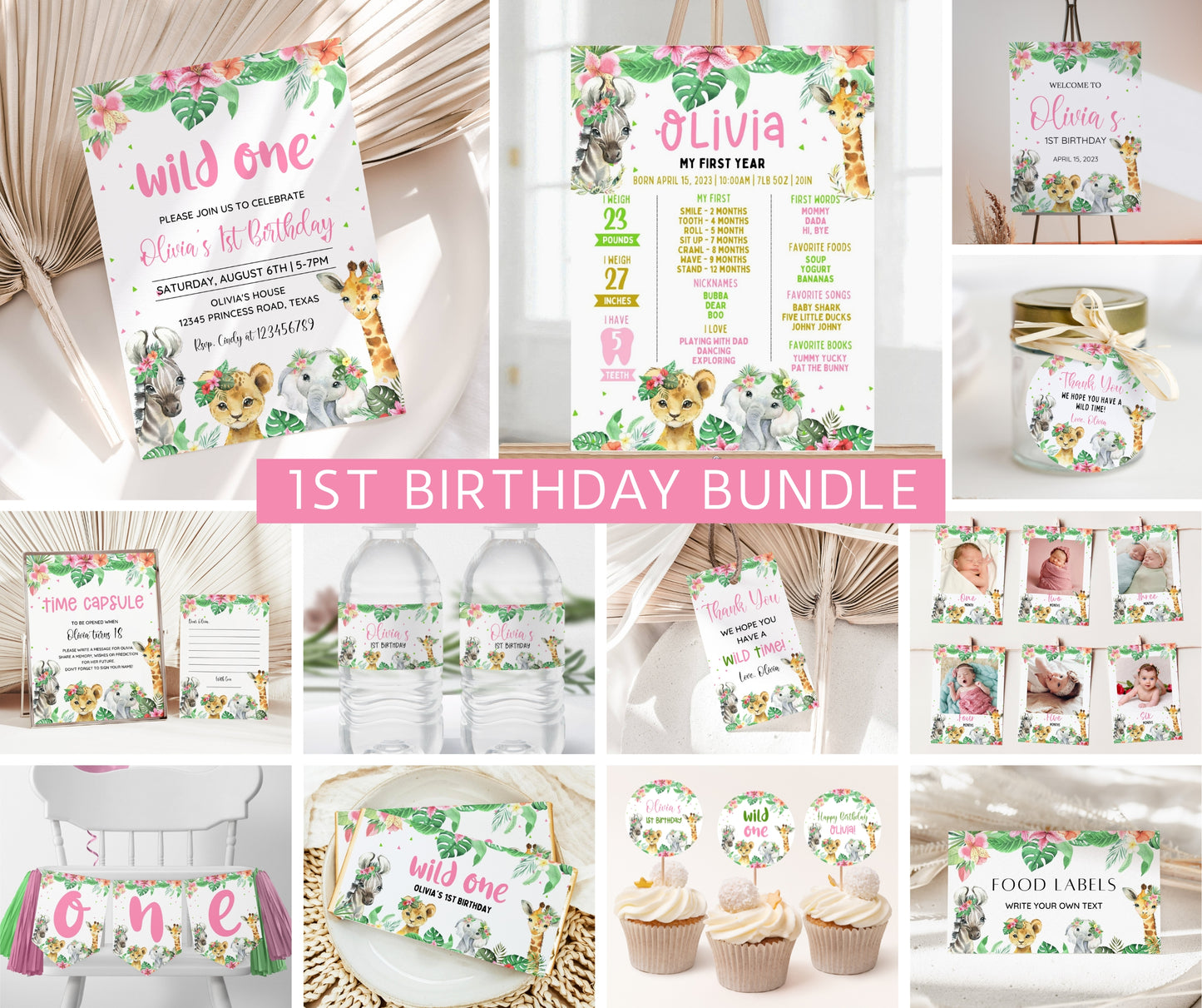 Wild One 1st Birthday Girl Bundle, Wild One Girl Invitation, Safari Wild One Birthday, One Birthday Invite, 1st Birthday Invite for Girl