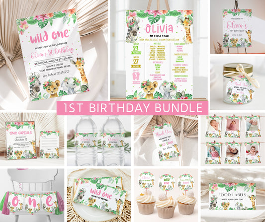 Wild One 1st Birthday Girl Bundle, Wild One Girl Invitation, Safari Wild One Birthday, One Birthday Invite, 1st Birthday Invite for Girl