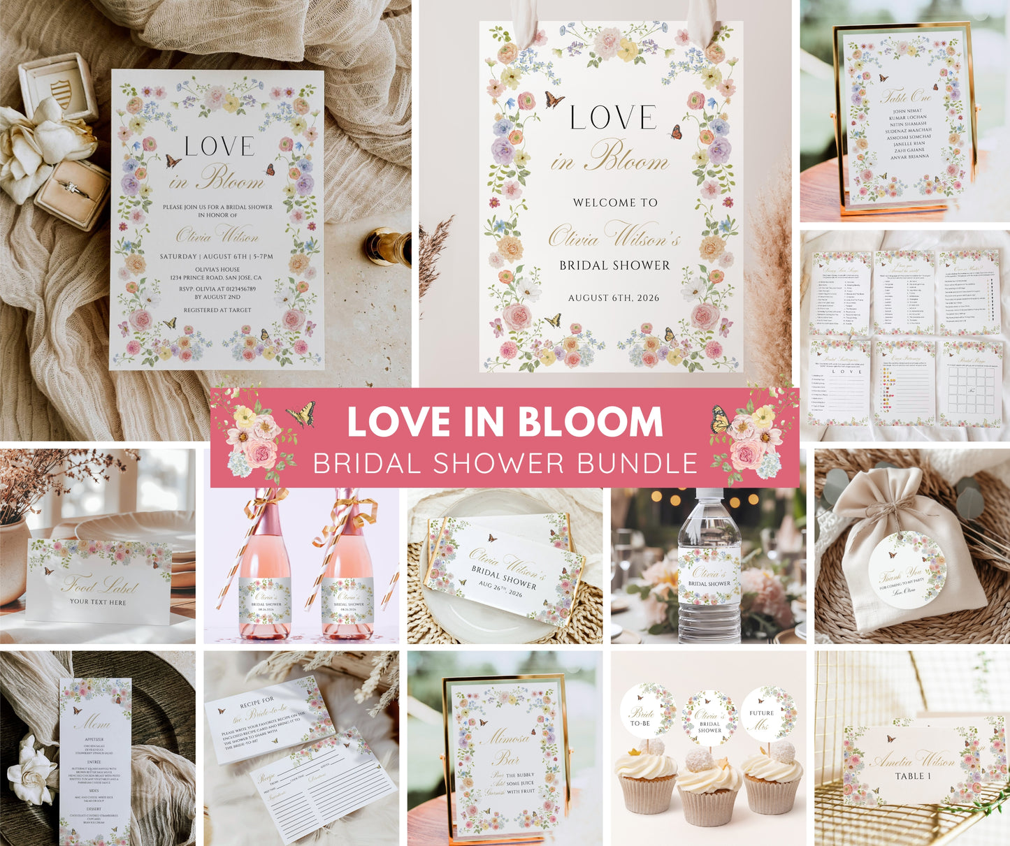 Love In Bloom Bridal Shower Bundle, Floral Garden Party Invitation & Games Set, Spring Summer Wedding Shower Decor, Editable Template