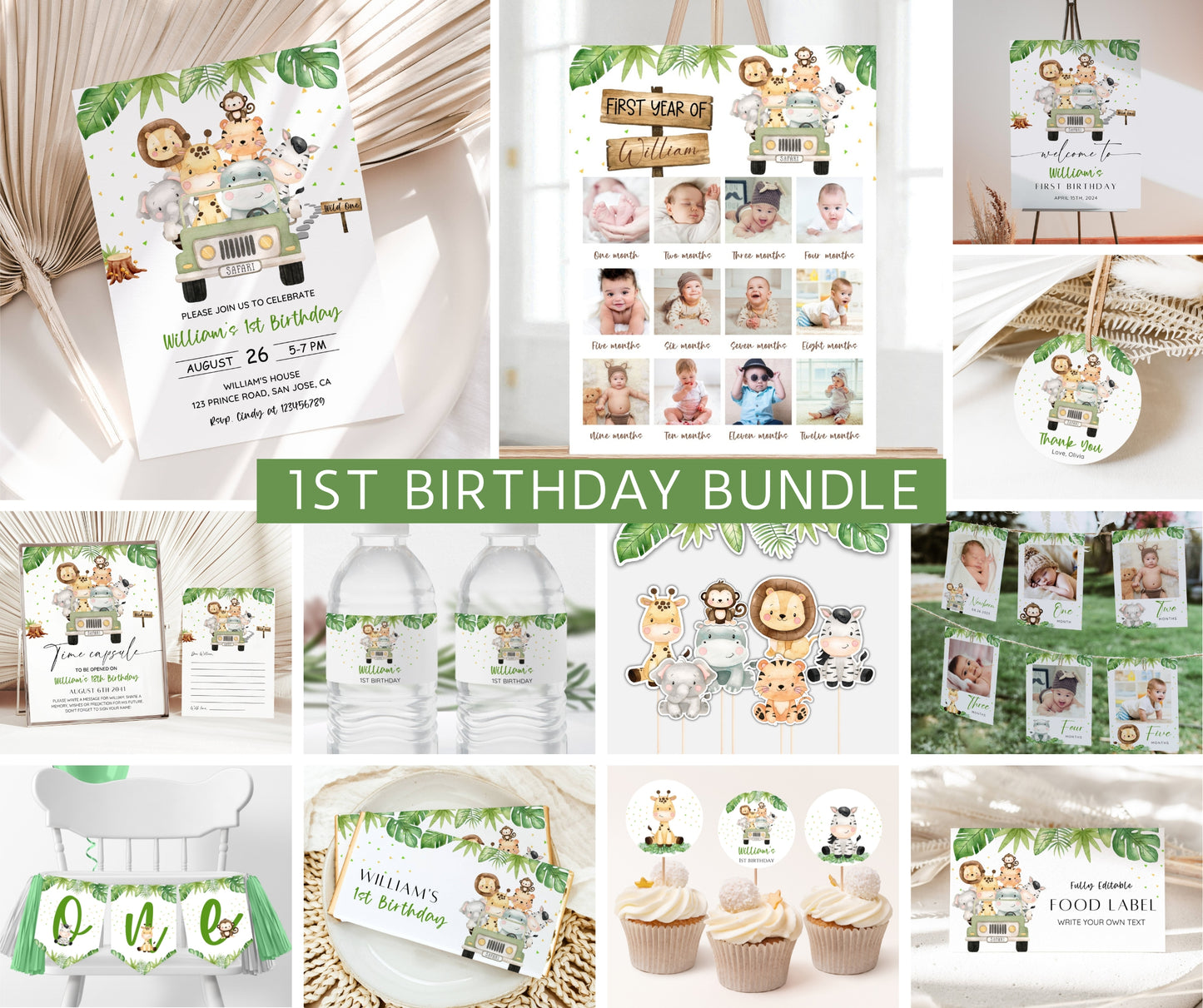 Safari 1st Birthday Bundle, Safari Wild One Birthday Bundle, Safari Animal Invitation Bundle, Editable, 1st Birthday Boy, Welcome, Milestone