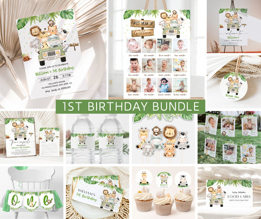 Safari 1st Birthday Bundle, Safari Wild One Birthday Bundle, Safari Animal Invitation Bundle, Editable, 1st Birthday Boy, Welcome, Milestone