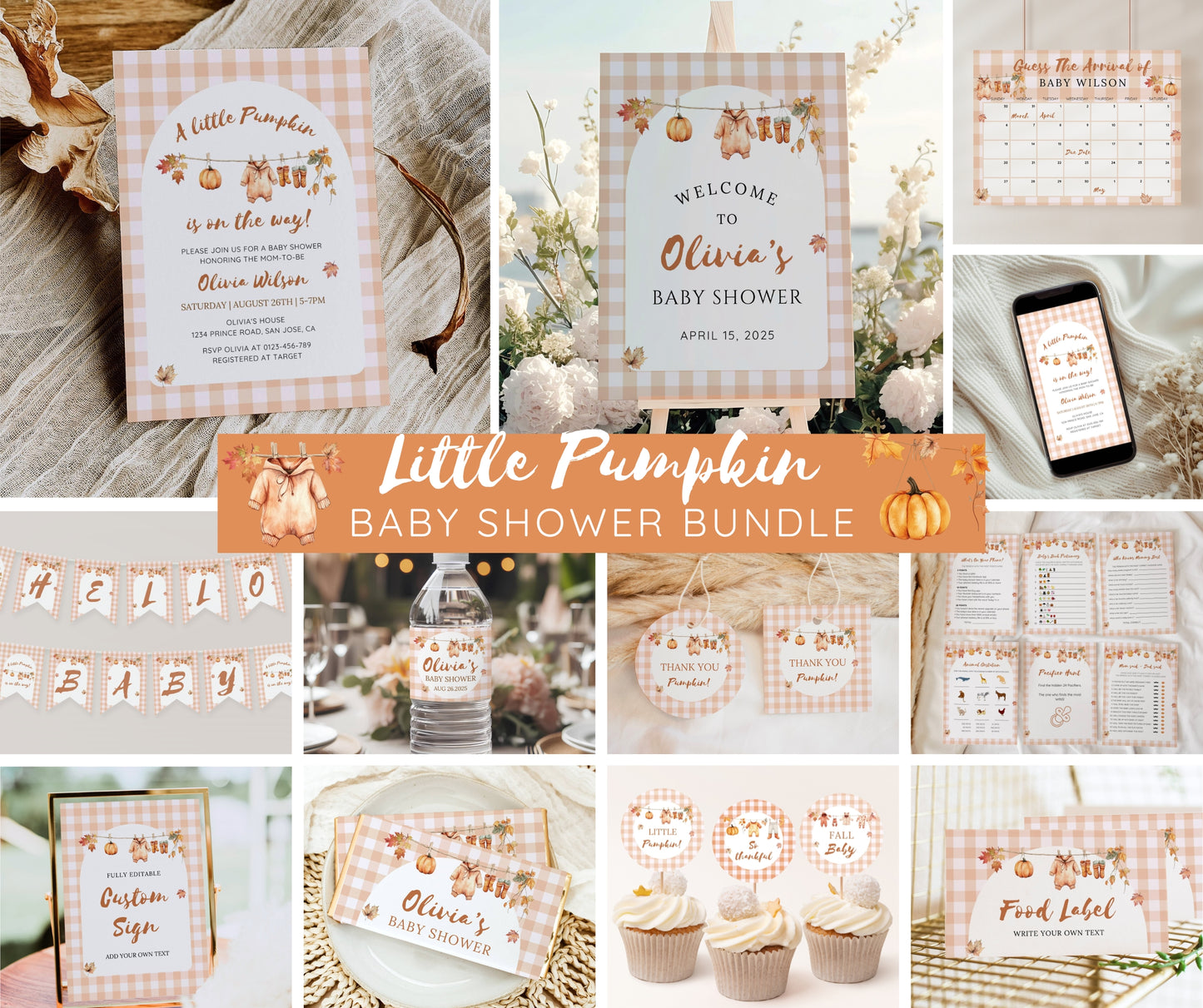 Little Pumpkin Baby Shower Bundle, Autumn Baby Shower Invitation & Games, Rustic Baby Clothes Line, Fall in Love with Baby, Editable Template