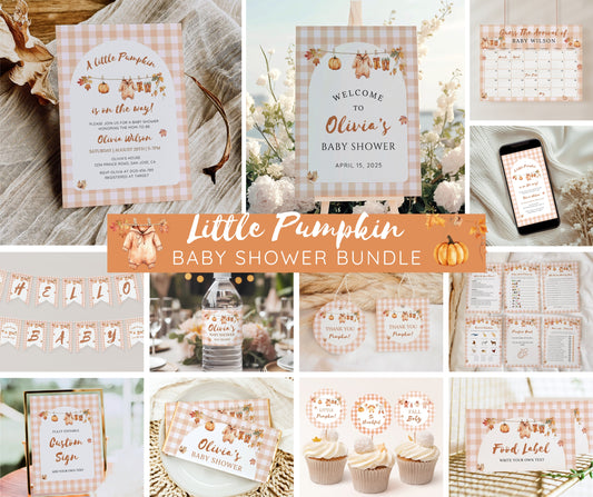 Little Pumpkin Baby Shower Bundle, Autumn Baby Shower Invitation & Games, Rustic Baby Clothes Line, Fall in Love with Baby, Editable Template