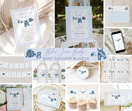 Blue Jean Baby Shower Bundle, Denim Western Baby Shower Invitation & Games, Blue Jean Baby Shower Invite, Editable Canva Template Download