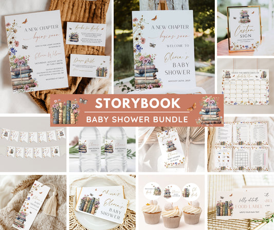 Storybook Baby Shower Bundle, New Chapter Begins Invitation & Games, Vintage Book Themed Baby Shower Decor, Wildflower, Editable Template