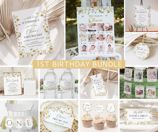 Bee Birthday Invitation Bundle, Wildflower Bee 1st Birthday Invitation Template, Honey Bee First Birthday Pack, 1st Birthday Girl, Editable