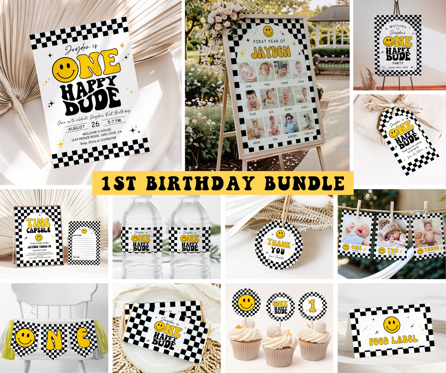 One Happy Dude Birthday Invitation Bundle, Editable Retro One Happy Dude First Birthday Invite Boy, Smiley Face Party Template, Printable