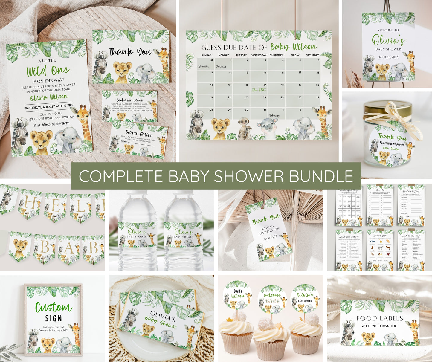 Safari Animal Baby Shower Bundle, Editable Safari Baby Shower Invitation Set, Jungle Animal Baby Shower, Gender Neutral, Digital Download