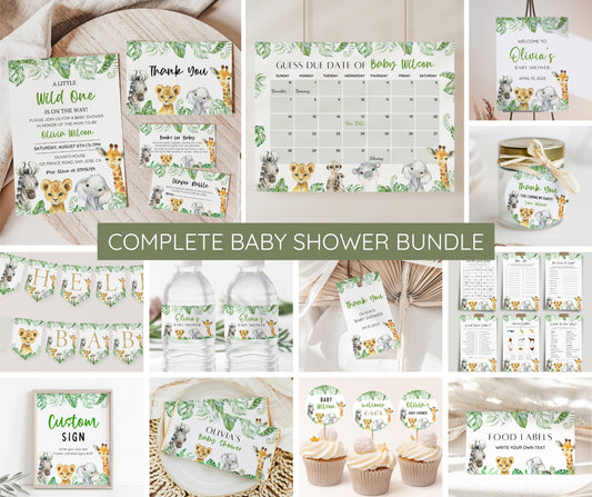 Safari Animal Baby Shower Bundle, Editable Safari Baby Shower Invitation Set, Jungle Animal Baby Shower, Gender Neutral, Digital Download