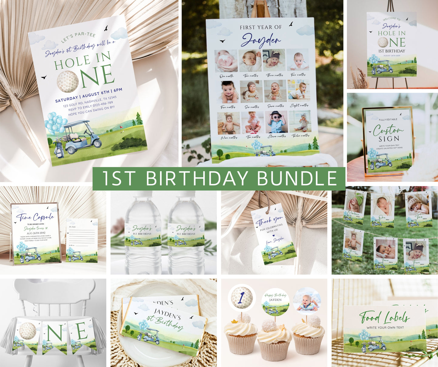 Hole in One First Birthday Invitation Bundle, Golf Par-Tee Invite Set for Boy, Milestone & Welcome Sign, Editable Template, Instant Download
