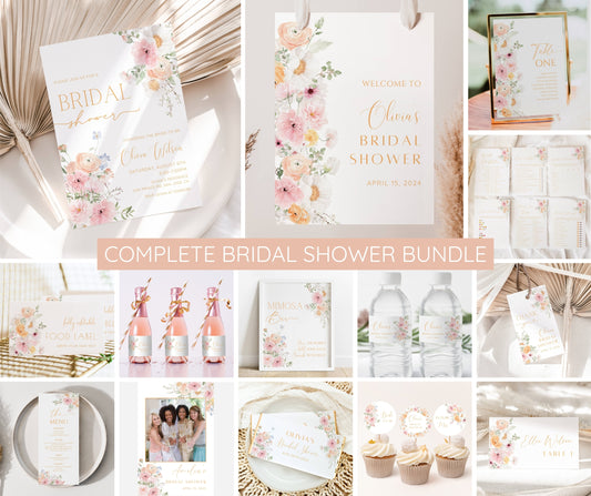 Pink Floral Bridal Shower Invitation Bundle | Love In Bloom Bridal Shower Invite Template | Games Bundle, Welcome Sign | Editable Canva Template | Instant Download