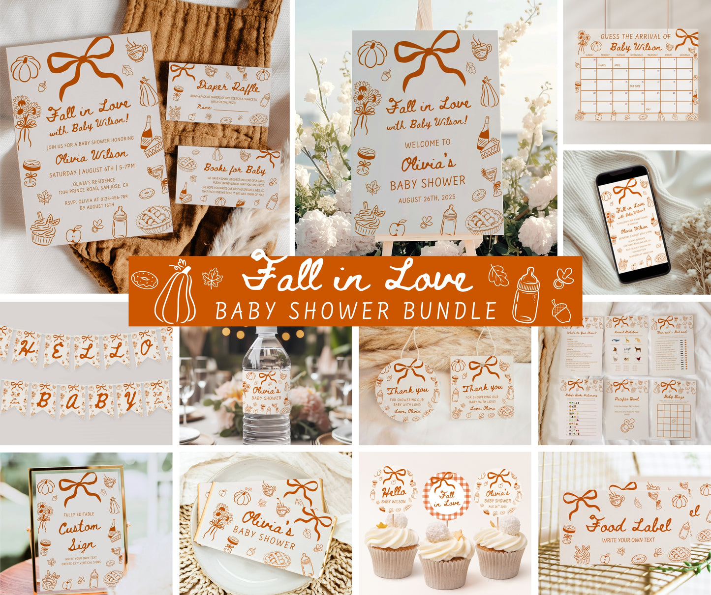 Fall in Love Baby Shower Bundle, Hand Drawn Little Pumpkin Baby Shower Invitation & Games, A Little Pumpkin is on the Way, Editable Template