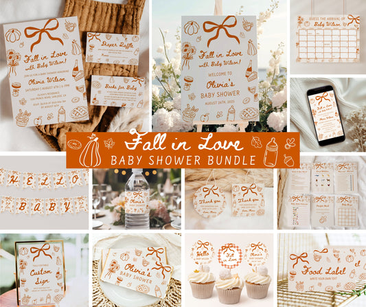 Fall in Love Baby Shower Bundle, Hand Drawn Little Pumpkin Baby Shower Invitation & Games, A Little Pumpkin is on the Way, Editable Template