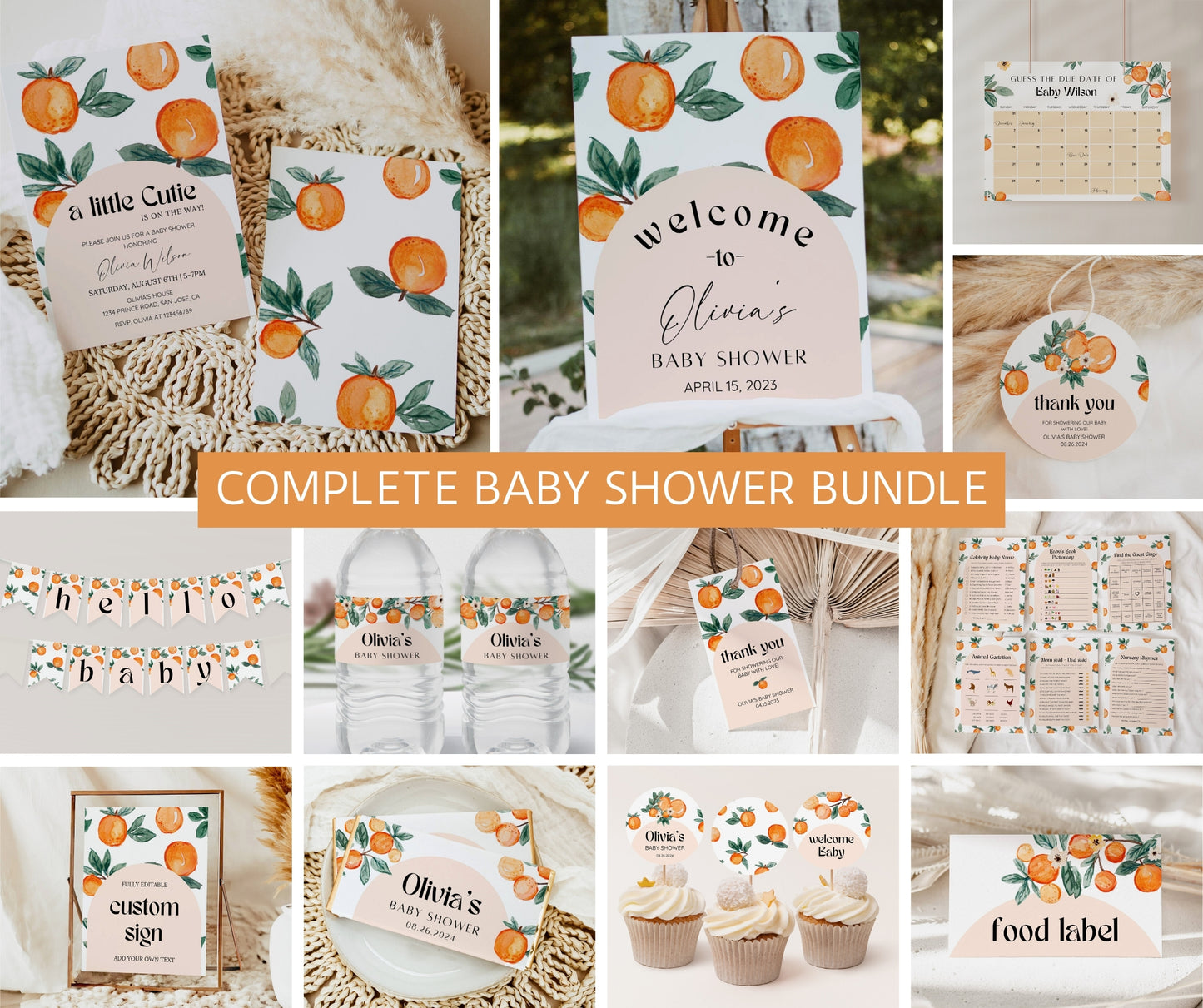 Little Cutie Baby Shower Invitation Bundle – Orange Citrus Clementine Invite Suite | Gender Neutral, Editable Template, Instant Download