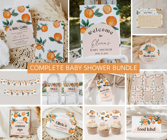 Little Cutie Baby Shower Invitation Bundle – Orange Citrus Clementine Invite Suite | Gender Neutral, Editable Template, Instant Download