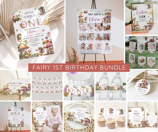 Fairy First Birthday Invitation Bundle, Editable Fairy First Birthday Invite, Fairy First Birthday Decorations, 1st Birthday Girl Theme