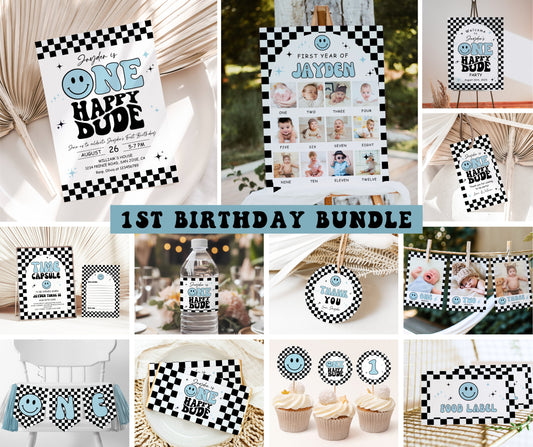 One Happy Dude Birthday Invitation Bundle, Editable Retro One Happy Dude First Birthday Invite Boy, Smiley Face Party Template Blue