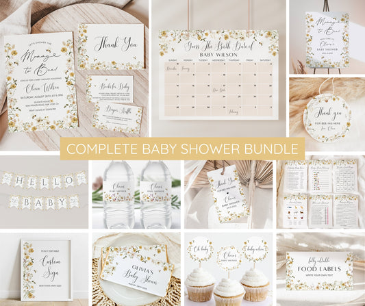 Bee Baby Shower Invitation Bundle, Mommy to Bee Baby Shower Invite Set, Wildflower Bee Baby Shower, Game Welcome Editable Template Printable