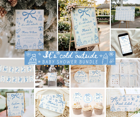 Baby It's Cold Outside Winter Baby Shower Bundle, Boy Baby Shower Invitation & Games, Hand Drawn Winter Wonderland Sprinkle, Canva Template