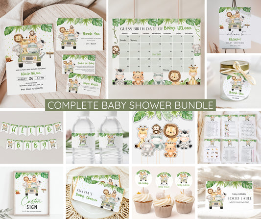 Safari Animal Baby Shower Bundle, Editable Safari Baby Shower Invitation Set, Jungle Animal Baby Shower, Boy Baby Shower, Digital Download