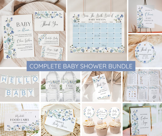 Blue Baby in Bloom Baby Shower Bundle – Blue Wildflower Boy Baby Shower Invitation & Games | Editable Template, Instant Download