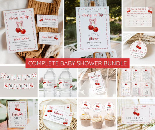 Cherry Baby Shower Invitation Bundle, Cherry on Top Invite Set, Coquette Pink Bow & Berries Girl Baby Shower, Editable Templates, Printable