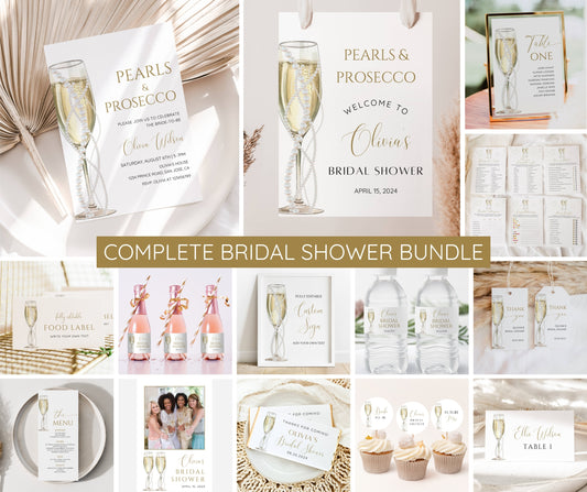 Pearls and Prosecco Bridal Shower Invitation Bundle, Minimalist Pearl Champagne Wedding Shower Invite Template, Welcome Sign, Games EDITABLE