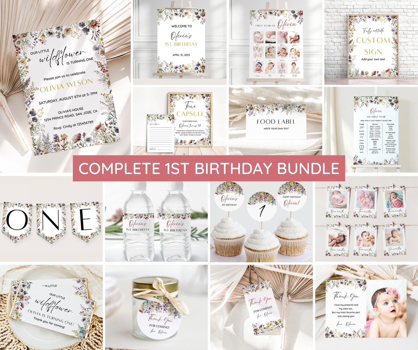 Wildflower Birthday Invitation Bundle, Wildflower First Birthday Invitation, Girl 1st Birthday, First Birthday Decorations, Wildflower