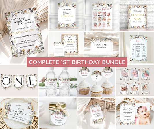 Wildflower Birthday Invitation Bundle, Wildflower First Birthday Invitation, Girl 1st Birthday, First Birthday Decorations, Wildflower