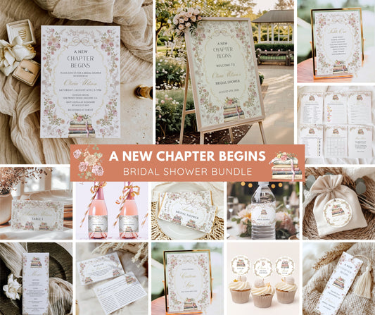 Storybook Bridal Shower Bundle, New Chapter Begins Invitation & Games Bundle, Vintage Book Bridal Shower Decor, Editable Canva Template
