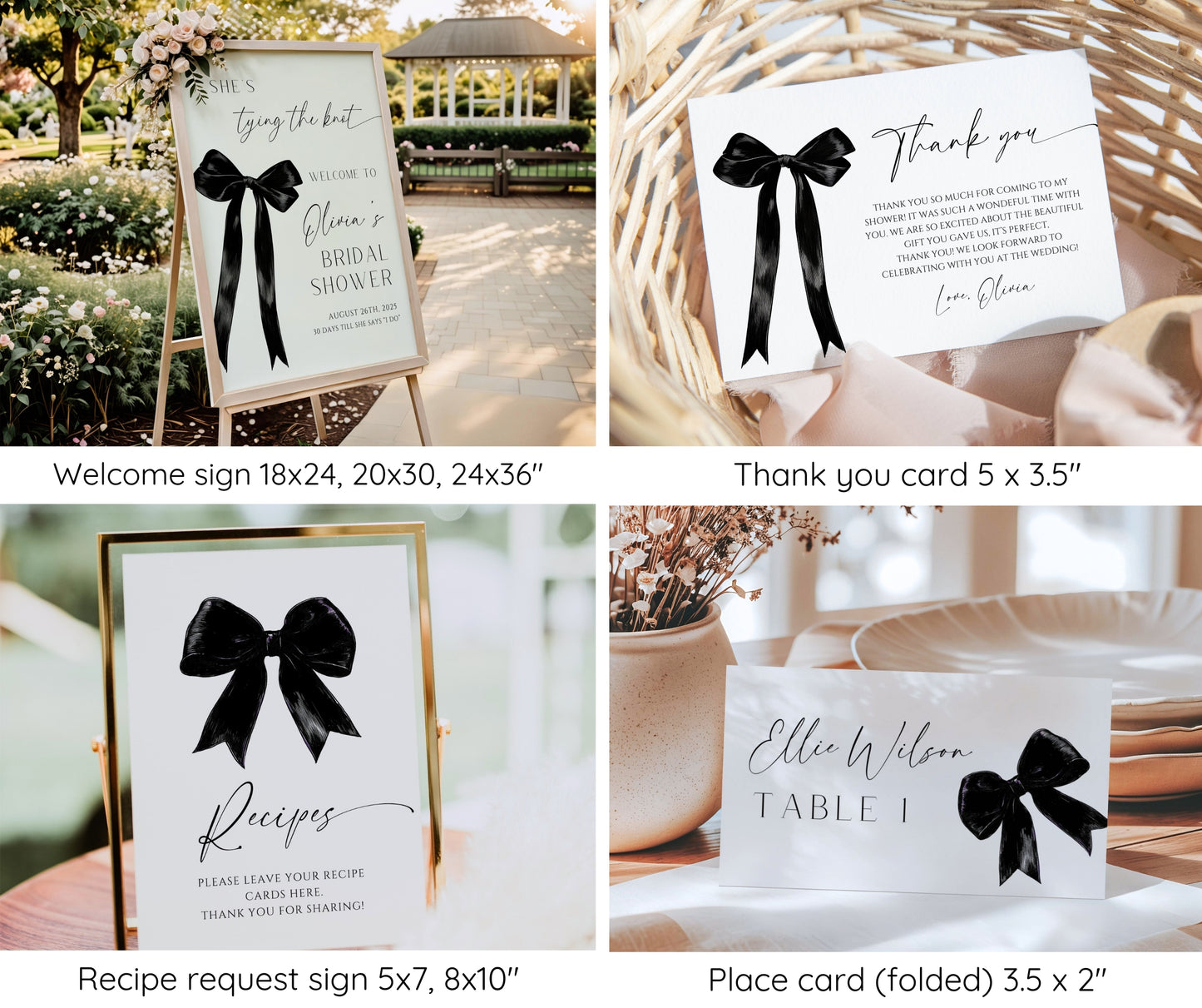 She's Tying The Knot Bridal Shower Bundle, Modern Black Bow Bridal Invitation & Games, Minimal Wedding Shower Set, Editable Canva Template
