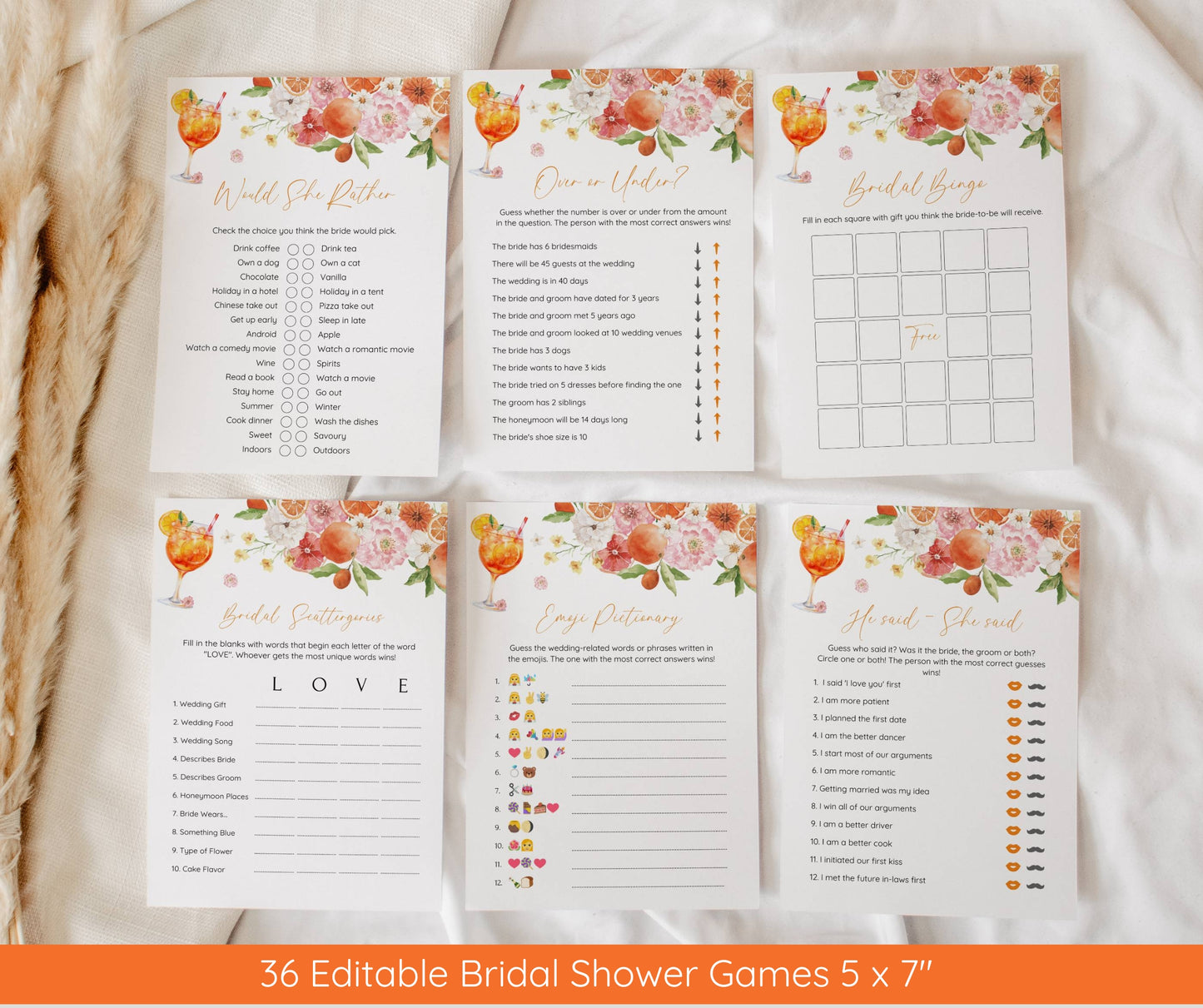 Love at First Spritz Bridal Shower Bundle | Aperol Spritz Bridal Shower Invitation, Games & Sign | Citrus Bridal Brunch | Pink Orange Floral | Editable Canva Template | Instant Download