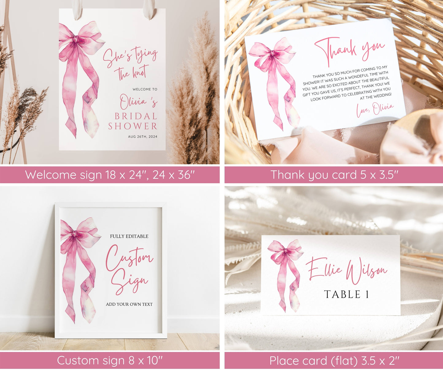 Pink Bow Bridal Shower Invitation Bundle | She's Tying the Knot | Editable Bridal Shower Invite Template, Welcome Sign, Games & Decor | Canva Instant Download