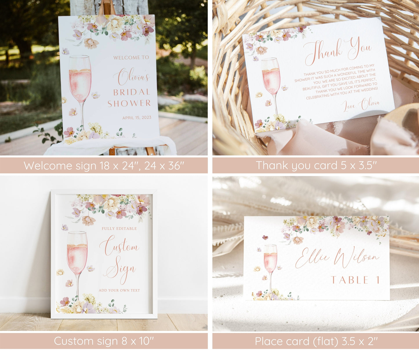 Petals and Prosecco Bridal Shower Invitation Bundle | Editable Pink Floral Bridal Shower Template | Welcome Sign, Game Pack | Instant Download
