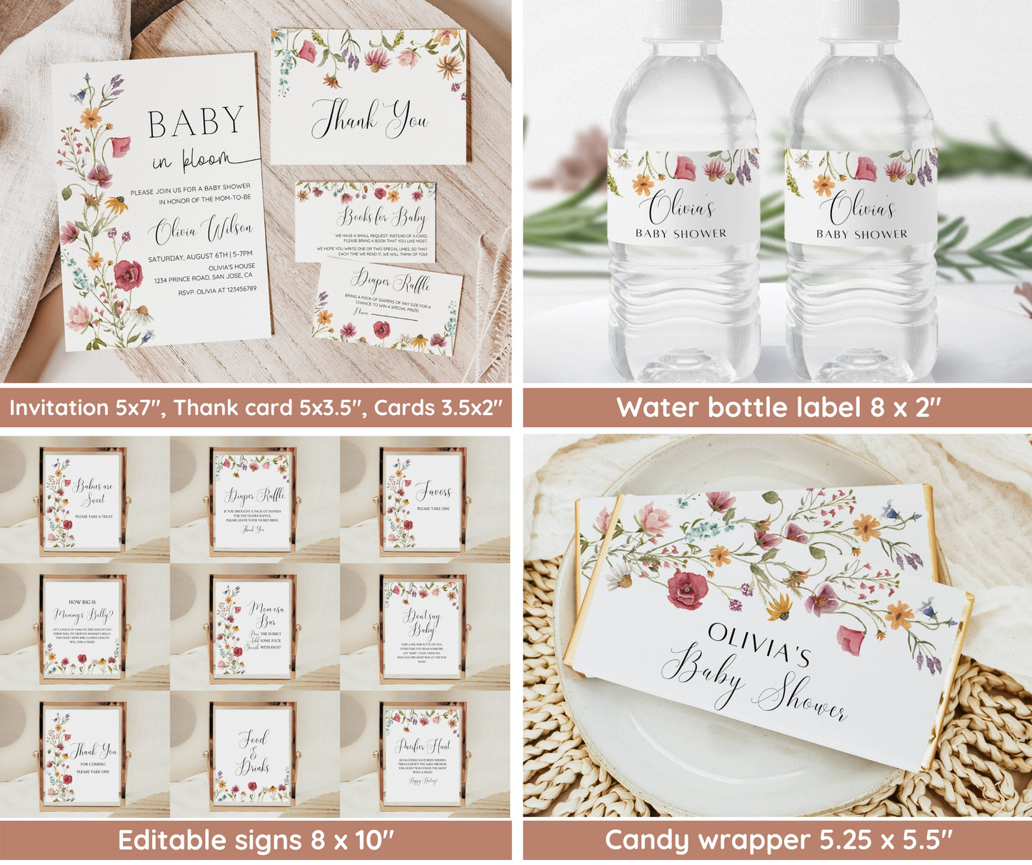 Baby in Bloom Baby Shower Invitation Bundle, Baby in Bloom Baby Sprinkle Invitation Set, Spring Flowers Wildflower Baby Shower, Editable
