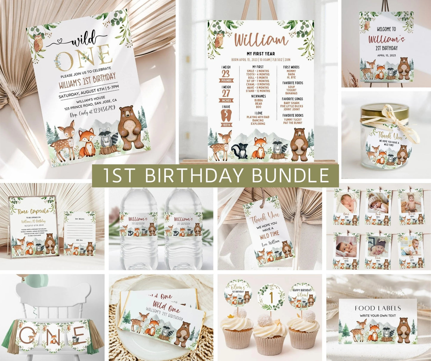 Woodland First Birthday Invitation Bundle, Wild One Birthday, Woodland Animal Invite Set, Forest Invitation EDITABLE, Welcome, Milestone