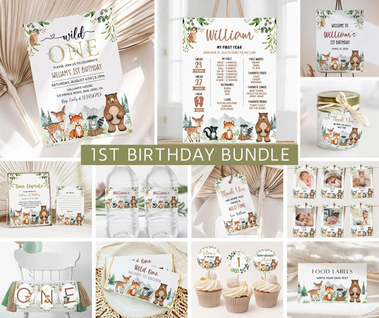 Woodland First Birthday Invitation Bundle, Wild One Birthday, Woodland Animal Invite Set, Forest Invitation EDITABLE, Welcome, Milestone