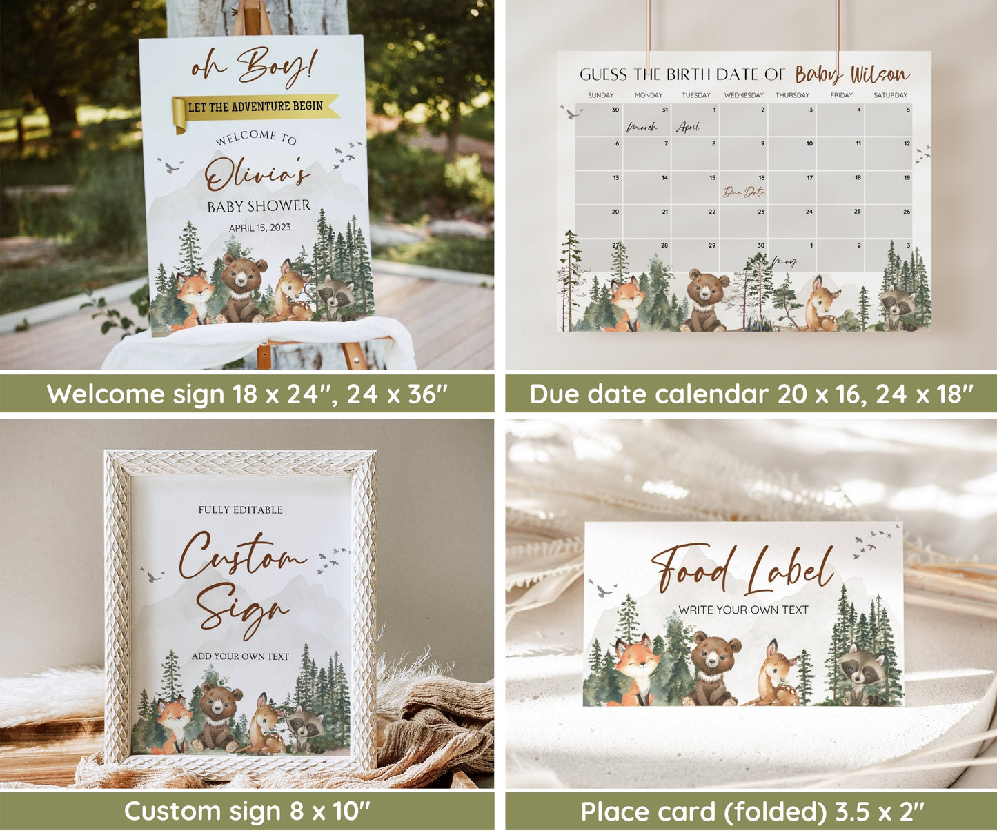 Let the Adventure Begin Baby Shower Invitation Bundle, Adventure Awaits Editable Invitation Suite, Woodland Animals Forest Mountain Editable