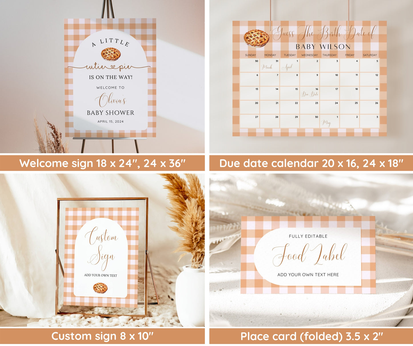 Cutie Pie Baby Shower Bundle, Fall Baby Shower Invitation & Games, Orange Gingham Baking Theme, Gender Neutral, Editable Canva Template