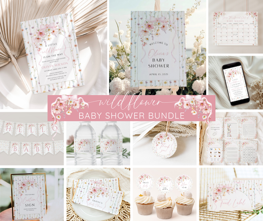 Wildflower Baby Shower Bundle, A Little Wildflower Is On The Way Invitation & Games, Floral Baby Sprinkle, Editable Canva Template Download
