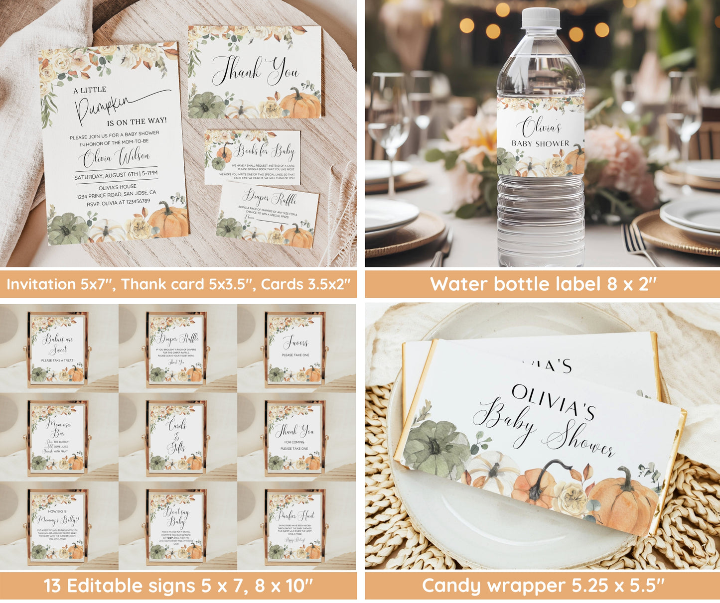 Little Pumpkin Baby Shower Bundle, Fall Baby Shower Invitation & Games, Neutral Gender, Autumn Baby Sprinkle, Editable Canva Template
