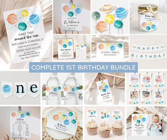 First Trip Around The Sun Birthday Invitation Bundle, Editable Space Invitation 1st Birthday, Space Birthday Decoration, First Birthday Boy