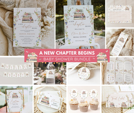Storybook Baby Shower Bundle, New Chapter Begins Baby Shower Invitation & Games Bundle, Book Themed Baby Shower Decor, Editable Template