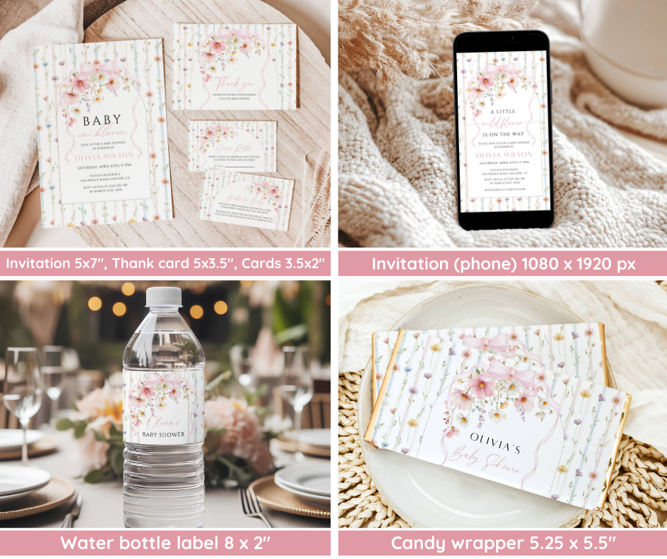 Wildflower Baby Shower Bundle, A Little Wildflower Is On The Way Invitation & Games, Floral Baby Sprinkle, Editable Canva Template Download