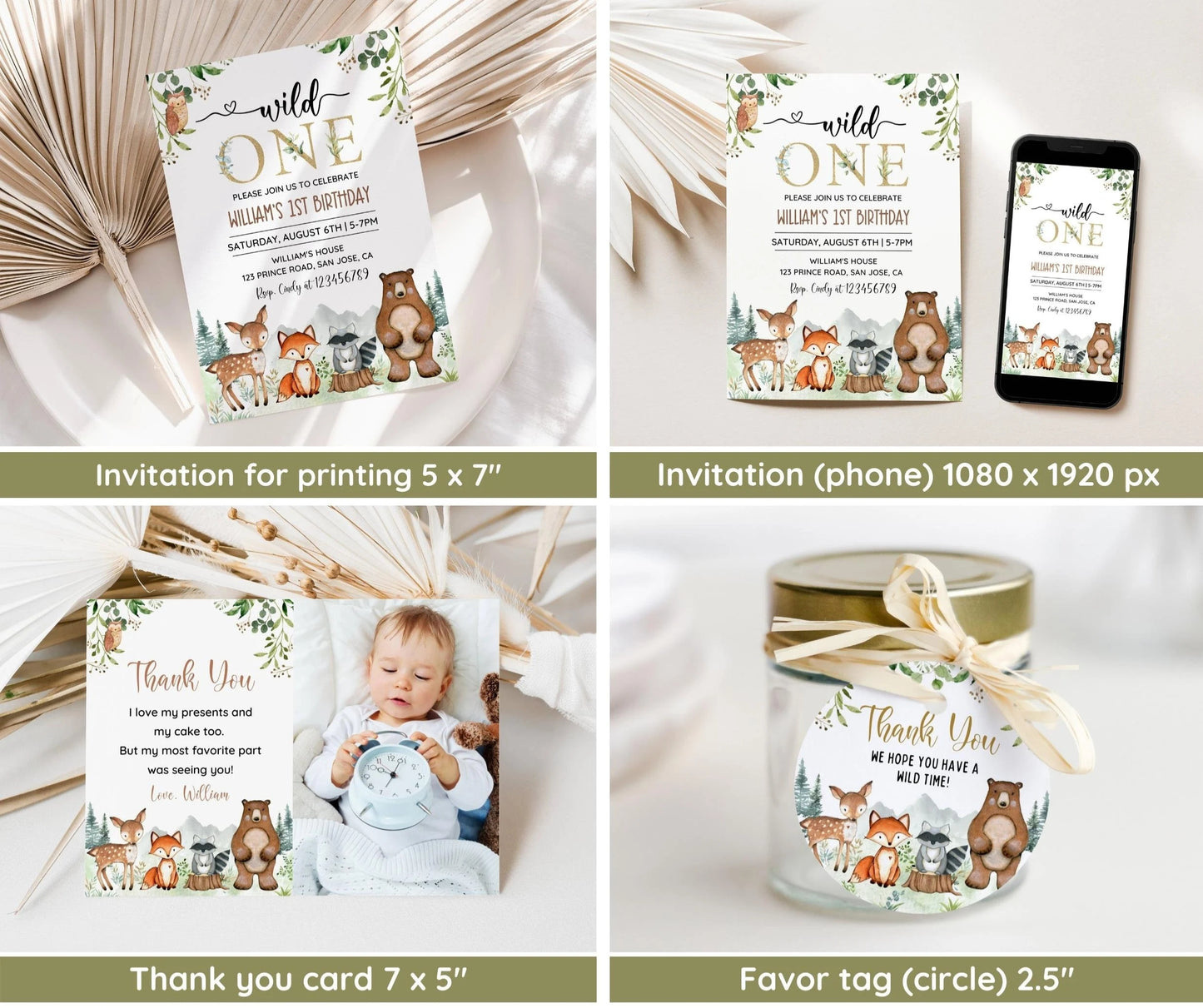 Woodland First Birthday Invitation Bundle, Wild One Birthday, Woodland Animal Invite Set, Forest Invitation EDITABLE, Welcome, Milestone