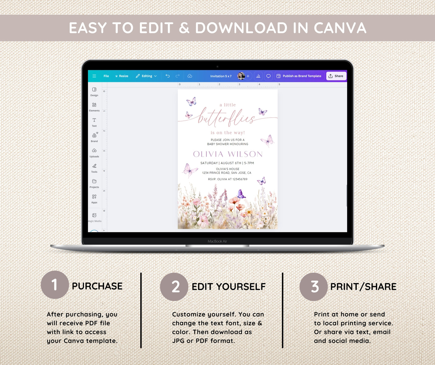 Butterfly Baby Shower Invitation Bundle, Editable Pink Butterfly Invite & Games, Girl Baby Shower Decor, Wildflower Floral, Canva Template