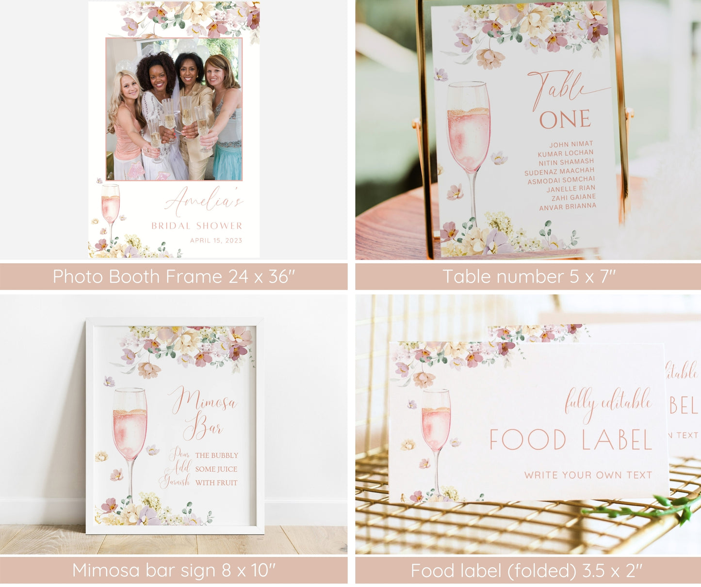 Petals and Prosecco Bridal Shower Invitation Bundle | Editable Pink Floral Bridal Shower Template | Welcome Sign, Game Pack | Instant Download